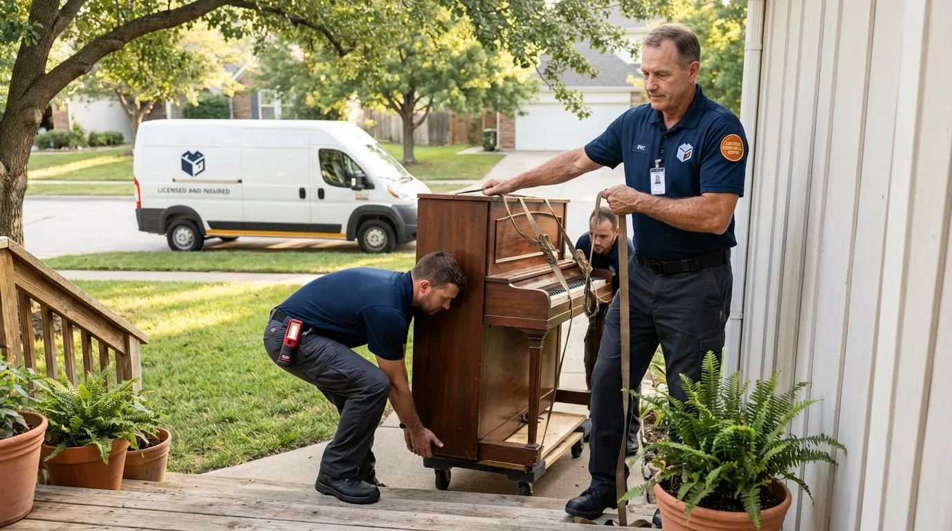 Licensed piano movers securing grand piano in Lafayette, TN