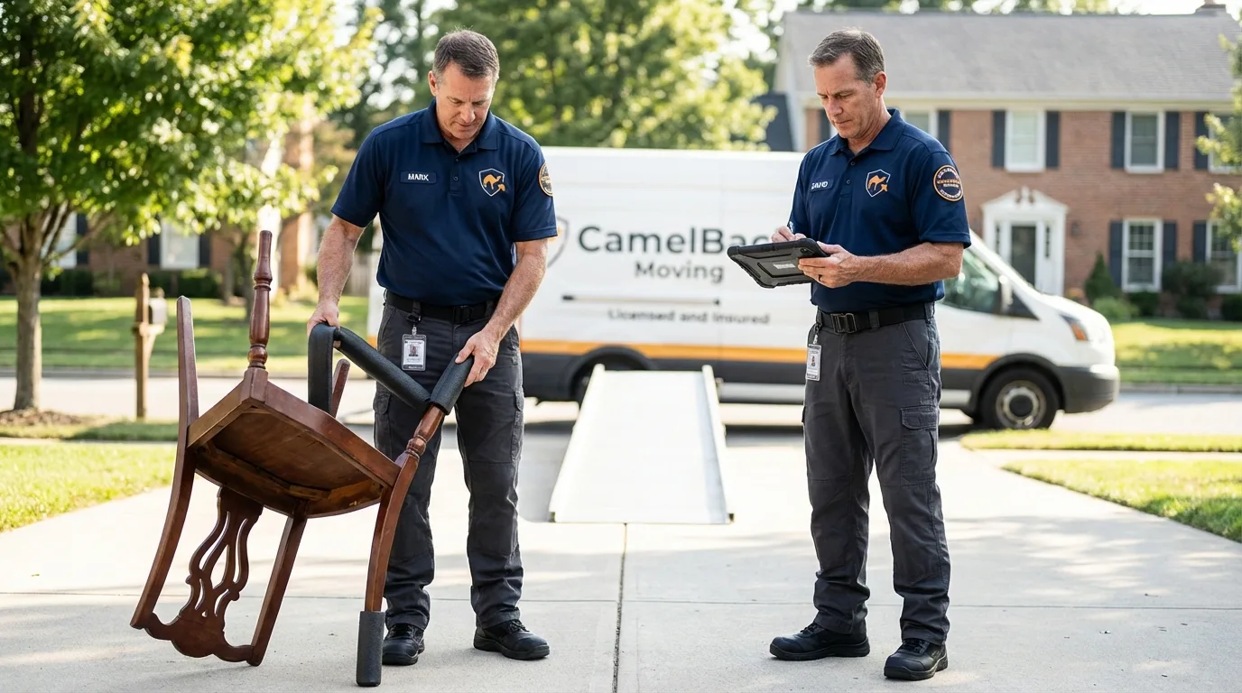 Movers inspecting furniture for damage prevention before loading in Lafayette, TN