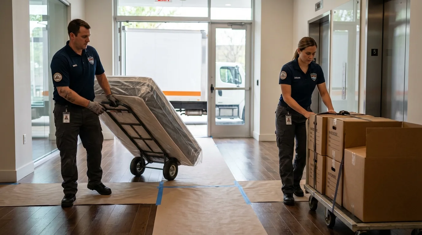 Professional apartment movers loading elevator in Lafayette, TN