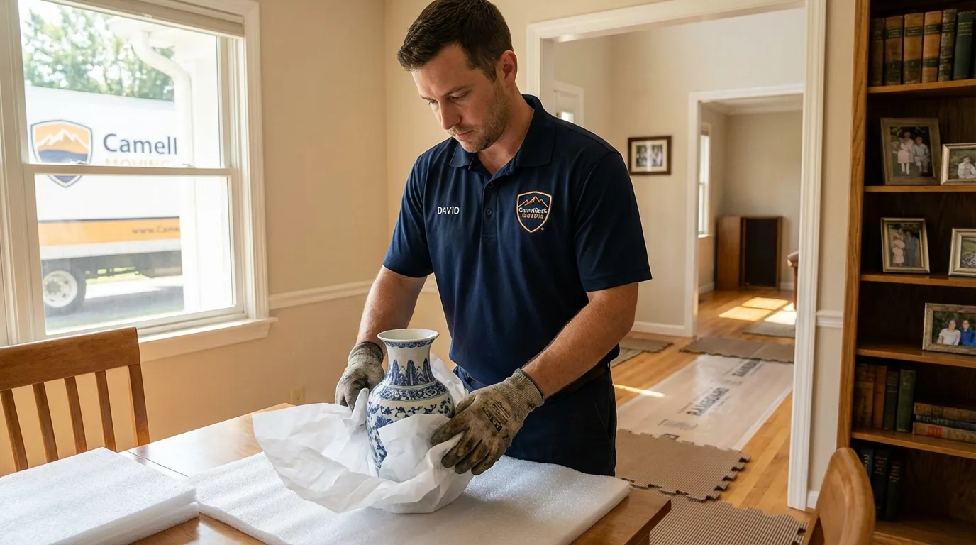 Professional crew carefully wrapping antique vase for senior downsizing move in Lafayette, TN